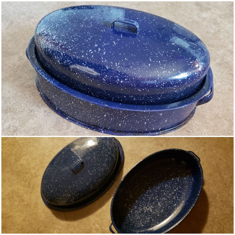 18 qt. Dark Blue and White Enamel Carbon Steel Oven Safe Oval Roasting Pan
